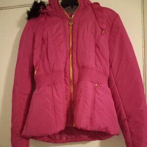 NWT Candies Hot Pink Puffer Parka Coat with Black Faux Fur Hood Size Juniors L